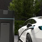 Electric car charging at home, Clean energy filling technology. 3D illustration